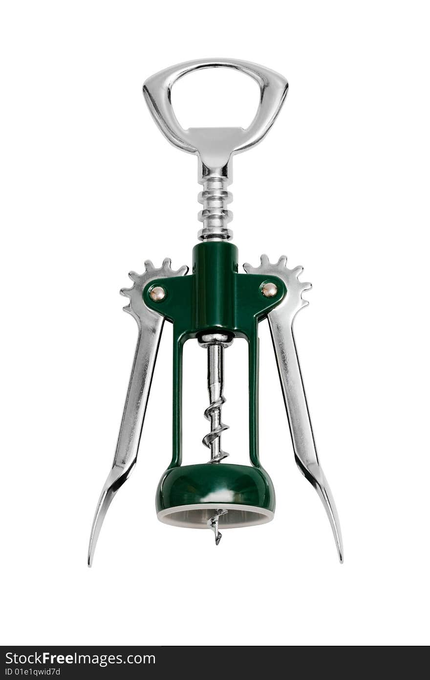 Modern metal corkscrew on a white background