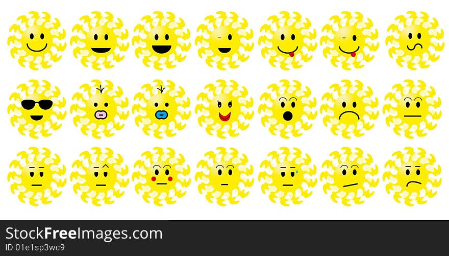 Set of sun smileys with different emotions