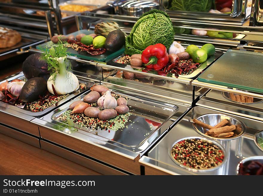 Different raw vegetables on reception table. Different raw vegetables on reception table