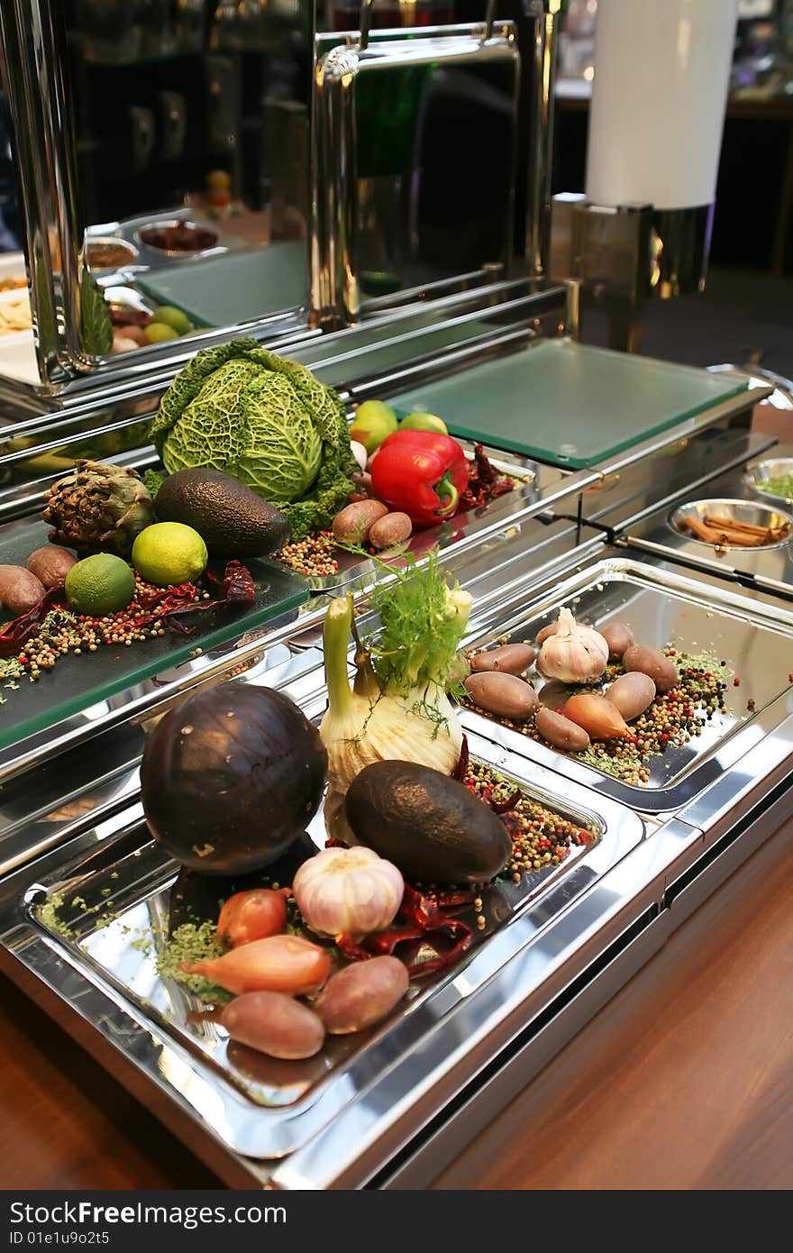 Different raw vegetables on reception table. Different raw vegetables on reception table