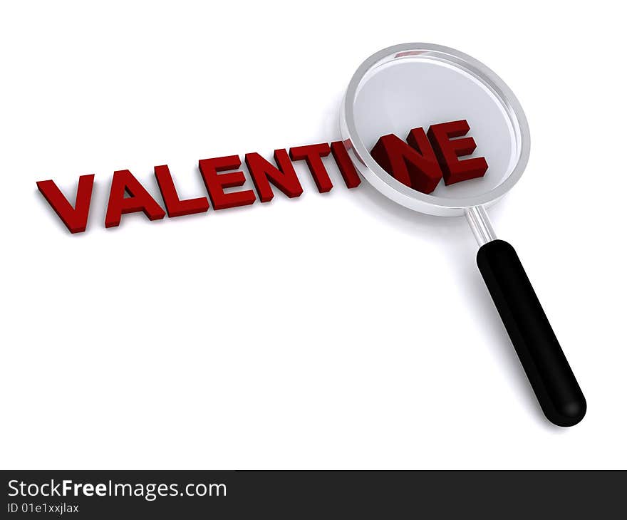 3d valentine text with magnifier on white background