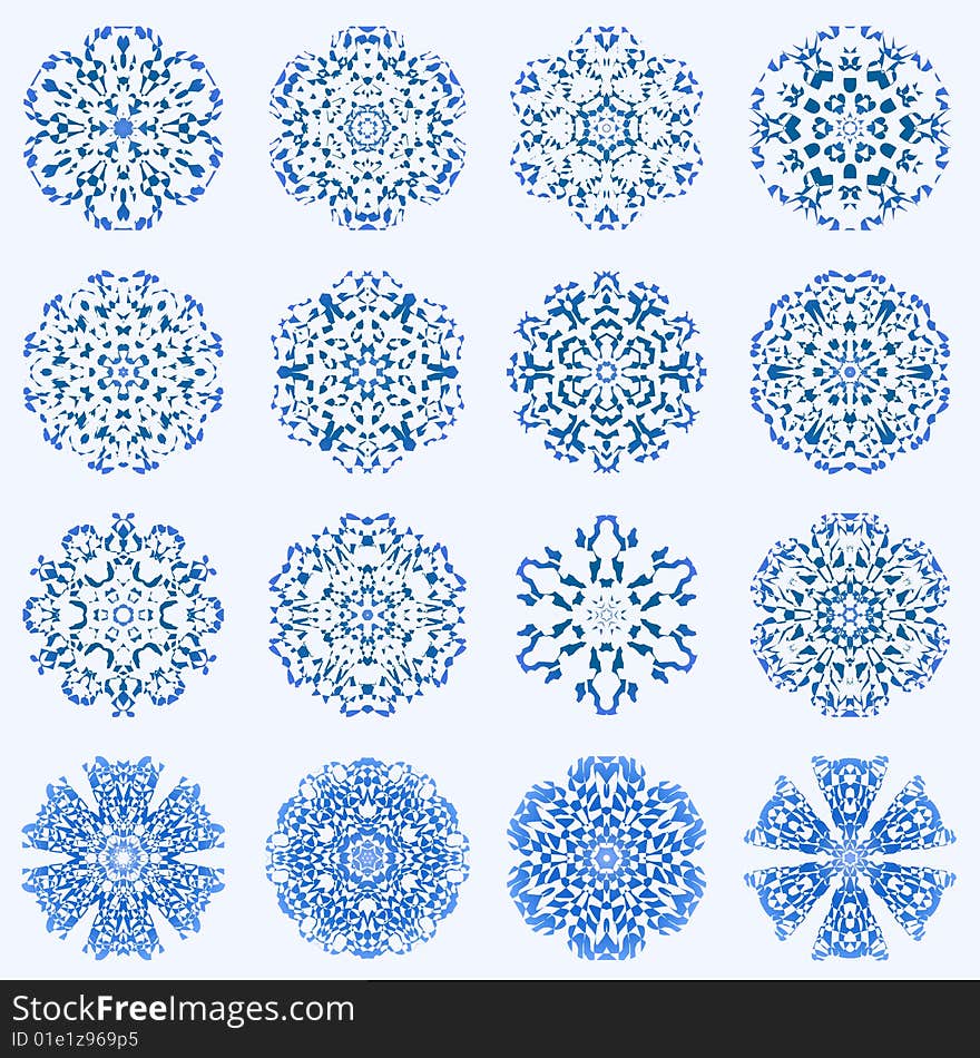 Set of 16 different snowflakes. Beautiful and natural-looking. Set of 16 different snowflakes. Beautiful and natural-looking.