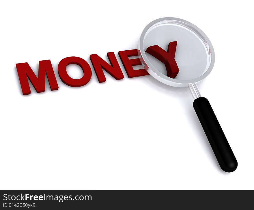 3d money text with magnifier on white background