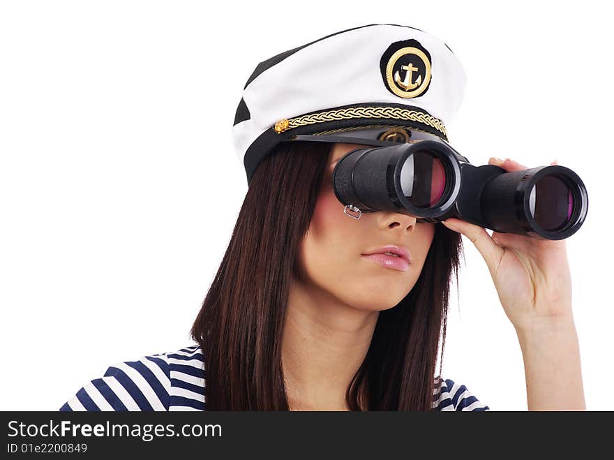 Woman looking through binoculars isolated on white. Woman looking through binoculars isolated on white