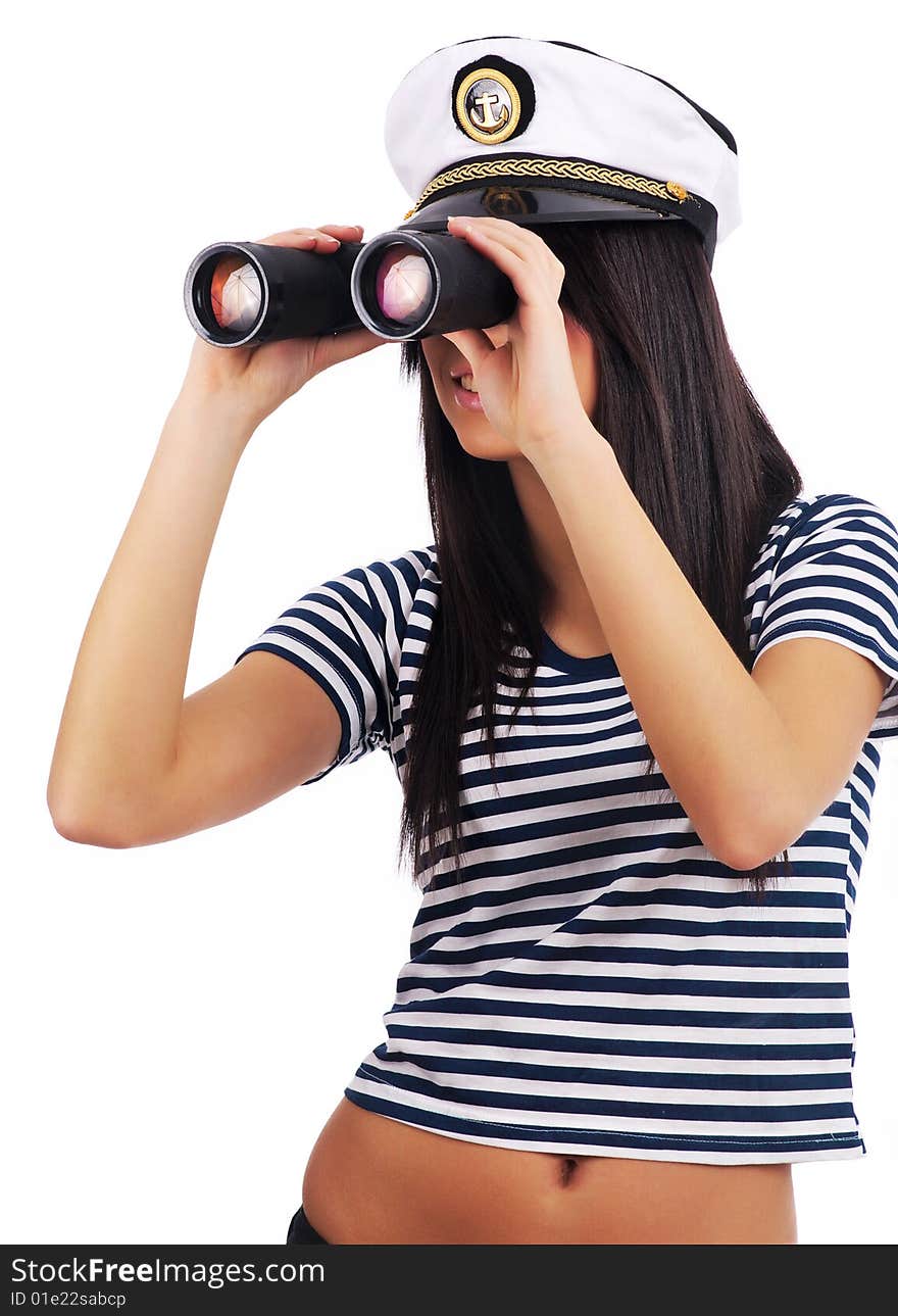 Woman looking through binoculars isolated on white. Woman looking through binoculars isolated on white