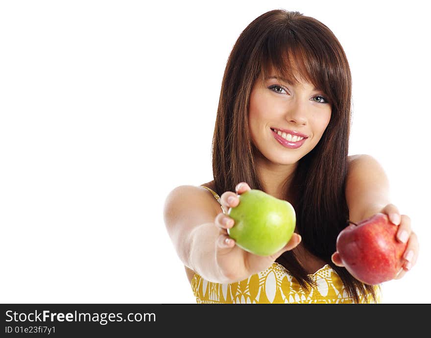 Beautiful girl holding apple. isolated background