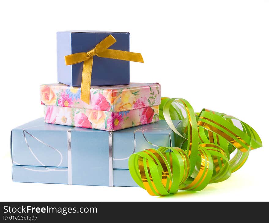 Three colour gift boxes isolated on white background