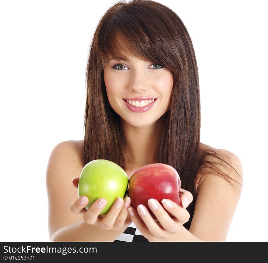 Beautiful girl holding apple. isolated background