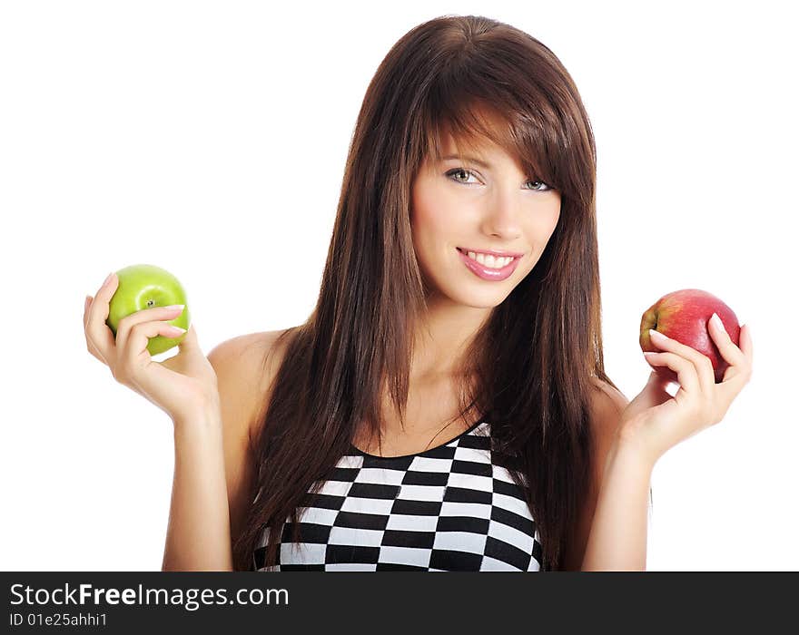 Beautiful girl holding apple. isolated background