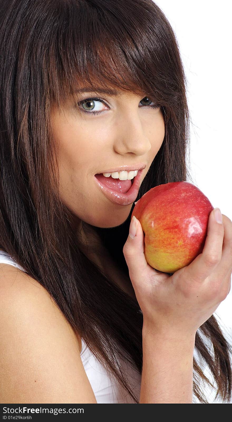 Beautiful girl holding apple. isolated background