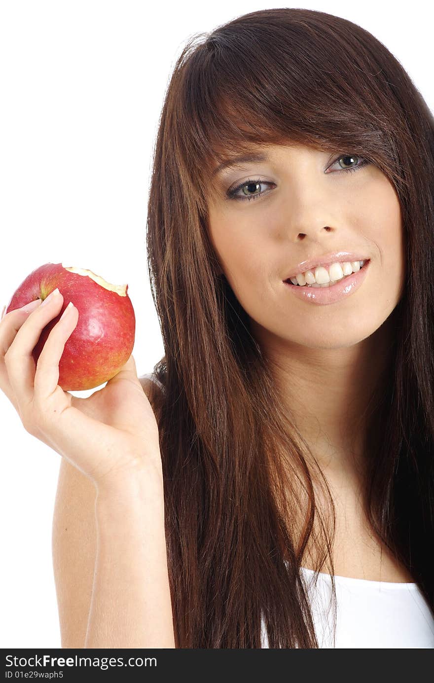 Beautiful girl holding apple. isolated background