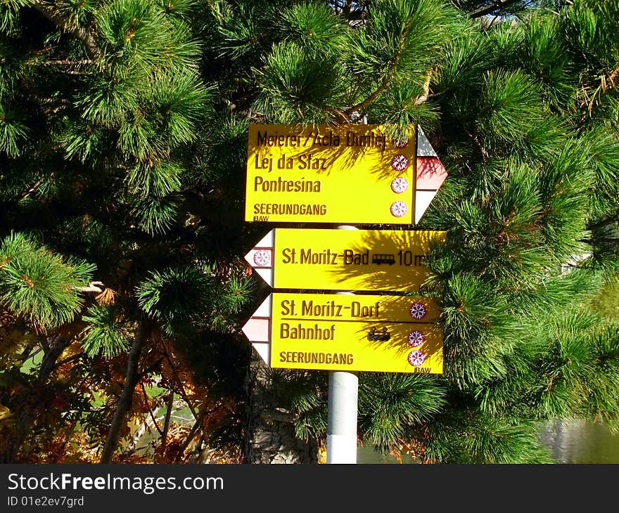 Direction sign in St. Moritz in Switzerland