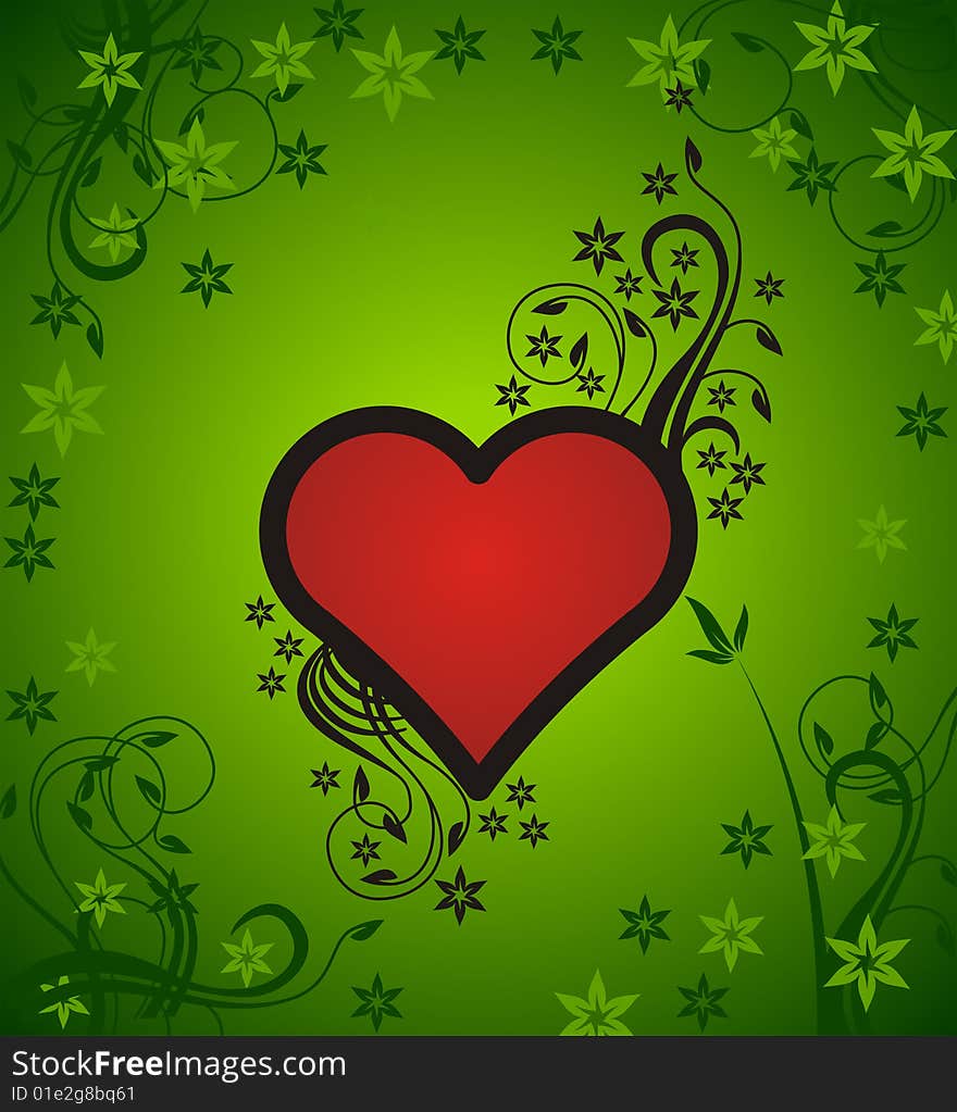 Heart with floral ornament on green background