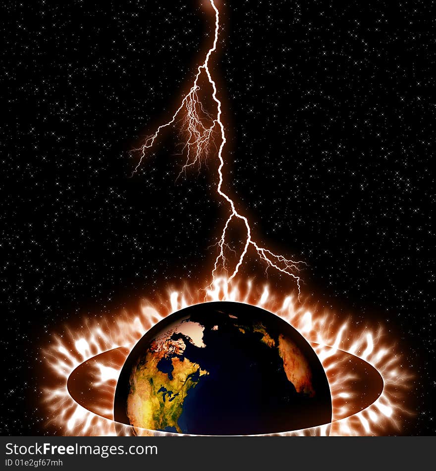 An illustration of the Earth being shocked by lightning from above. An illustration of the Earth being shocked by lightning from above.