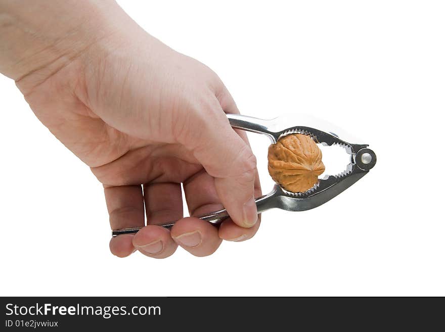 Man's hand cracking a walnut on white background