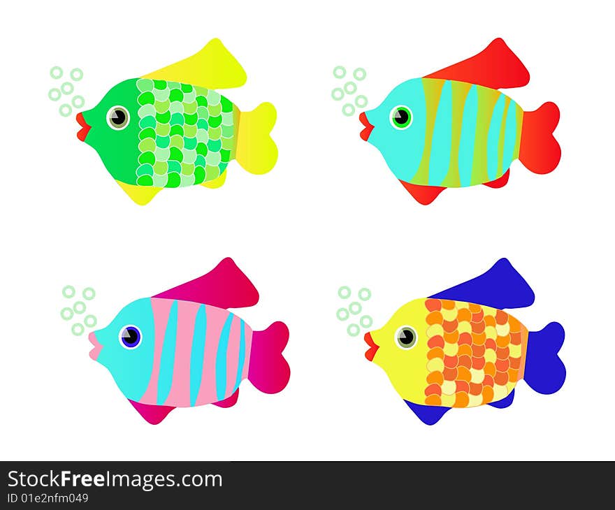 Four tropical multicoloured fishes design elements. Four tropical multicoloured fishes design elements