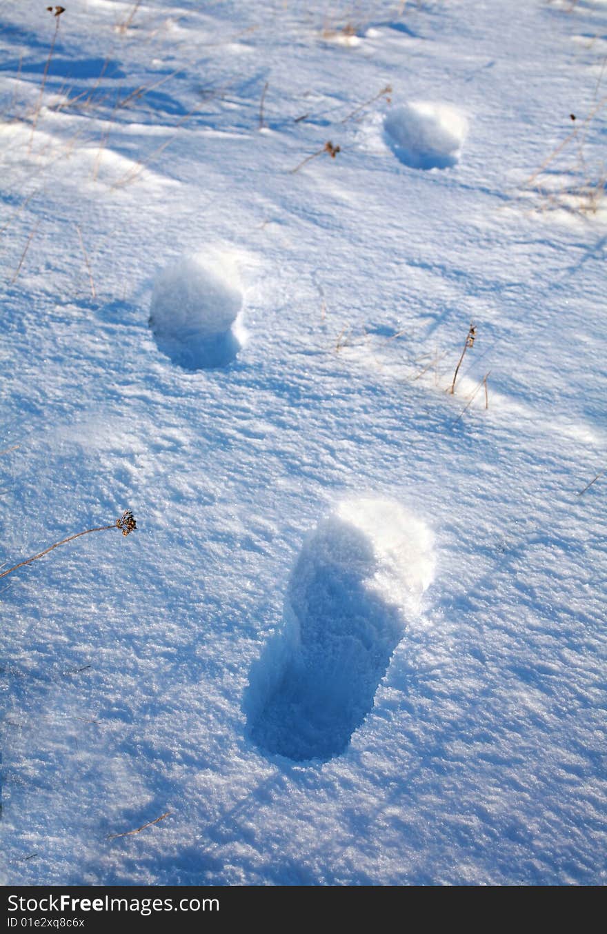 Three footsteps in deep snow on north field. Three footsteps in deep snow on north field