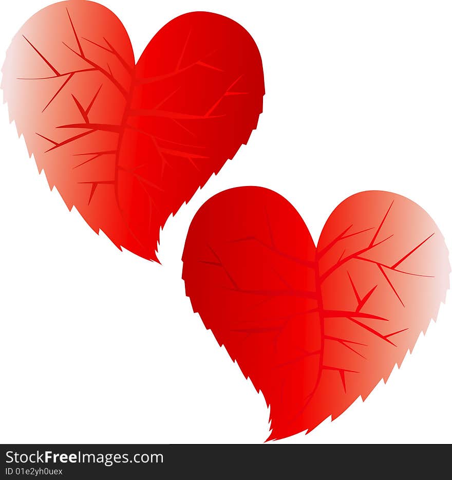 Two red hearts, are isolated on a white background