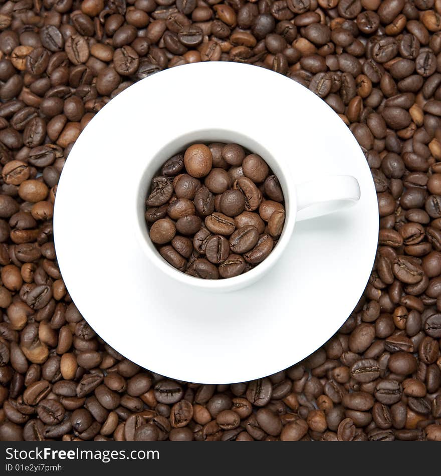 Background with white cup and coffee beans - square format