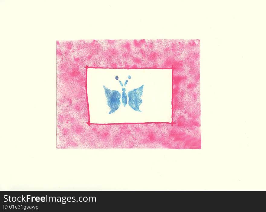 A blue butterfly in a pink frame against a white background.