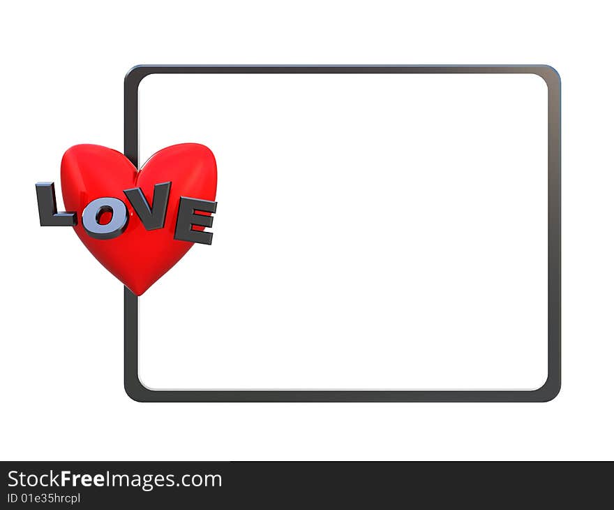 3d illustration of metal frame with heart and text 'love'. 3d illustration of metal frame with heart and text 'love'