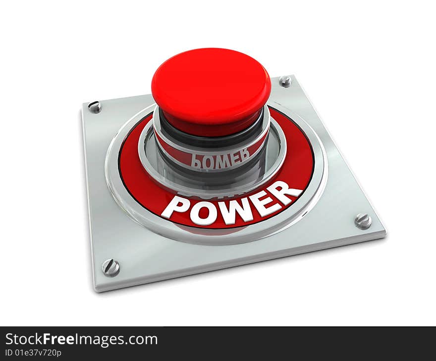 3d illustration of red button with text 'power' on white background;. 3d illustration of red button with text 'power' on white background;