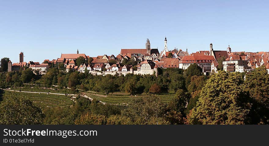 Panorama view of Rothenburg ob der Tauber from outside the town