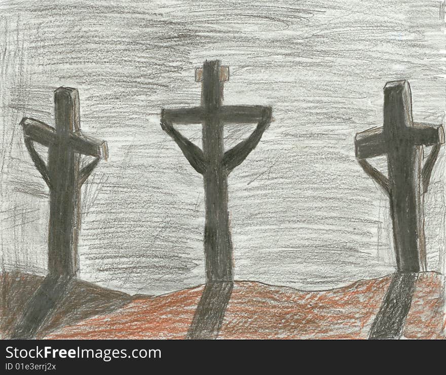 A sketch of the crucifixion done with colored pencils.