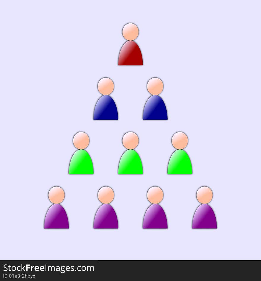 A human pyramid with a red leader on the top for a top organization. A human pyramid with a red leader on the top for a top organization