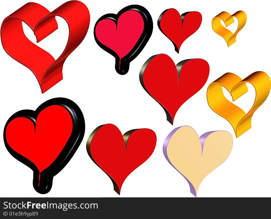 Various hearts in different styles and colors in 3d for valentines or mothers day