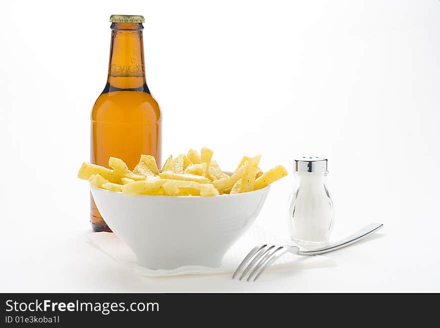 Bowl of homemade chips isolation on a white background