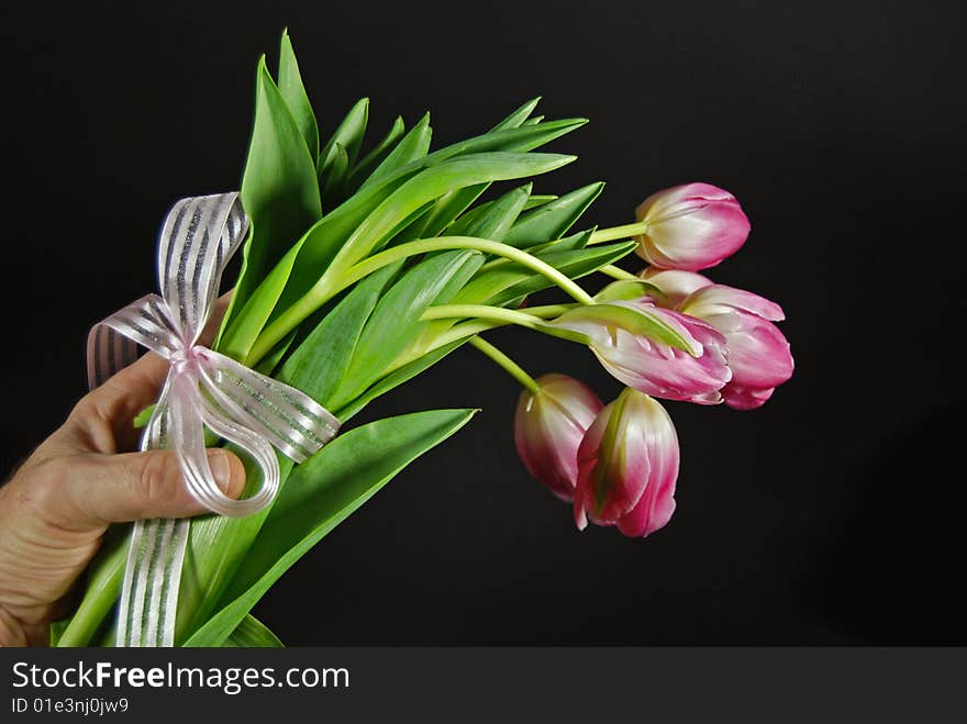 Man delivering a bouquet of tulips. Man delivering a bouquet of tulips.