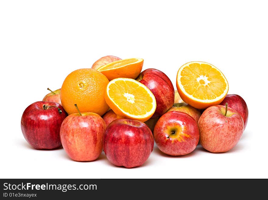 Oranges, apples, fruit on white background. Oranges, apples, fruit on white background.