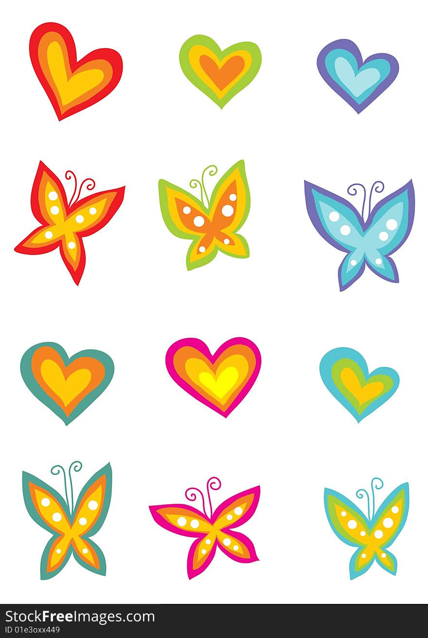 Vector set of color hearts and butterflies