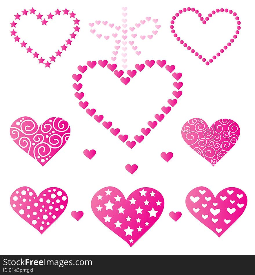 Set of beautiful  pink hearts. Set of beautiful  pink hearts