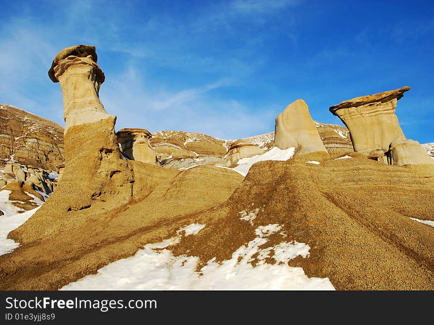 Different shapes of hoodoos in Drumheller Alberta. Different shapes of hoodoos in Drumheller Alberta