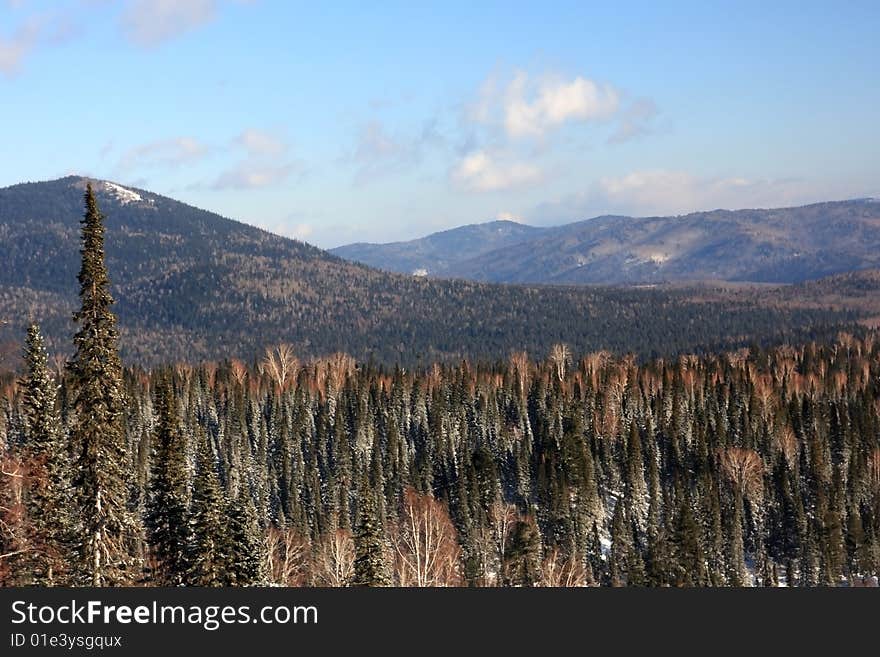 Mountain landscape. Mountain Shoriya. Sheregesh. Russia.