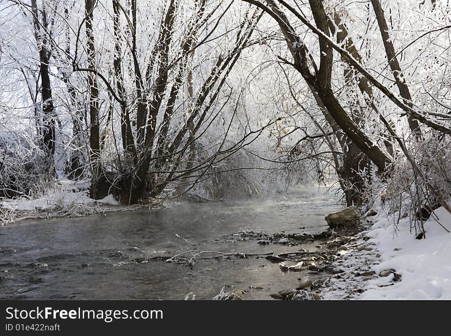 Steam rises off a frosty, picturesque river bank covered in snow. Steam rises off a frosty, picturesque river bank covered in snow