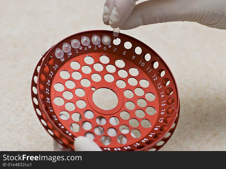 Scientist fingers insert a test tube in a research lab. Scientist fingers insert a test tube in a research lab