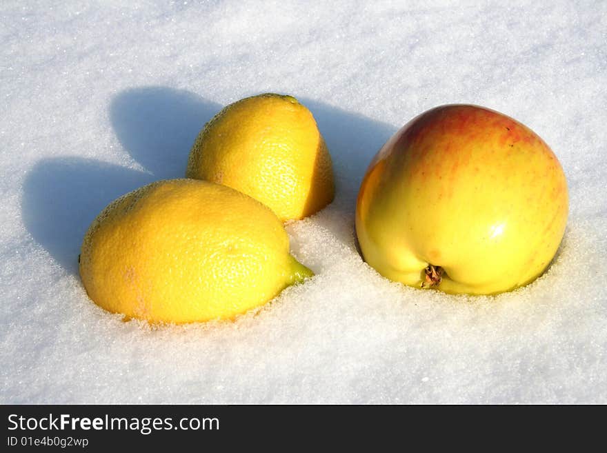 Fruits lays on snow background.