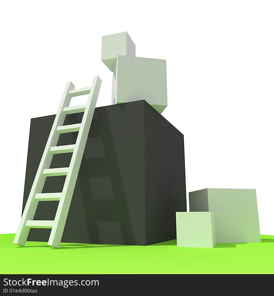 3d White Ladder and Black Box on Green Ground. 3d White Ladder and Black Box on Green Ground