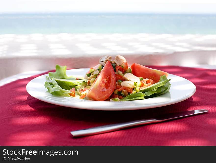 Salad at red tablecloth with sunlight spots; restaurant in outdoors with sea view