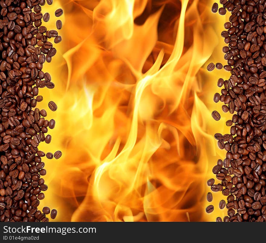 Coffee beans background with flame. Coffee beans background with flame