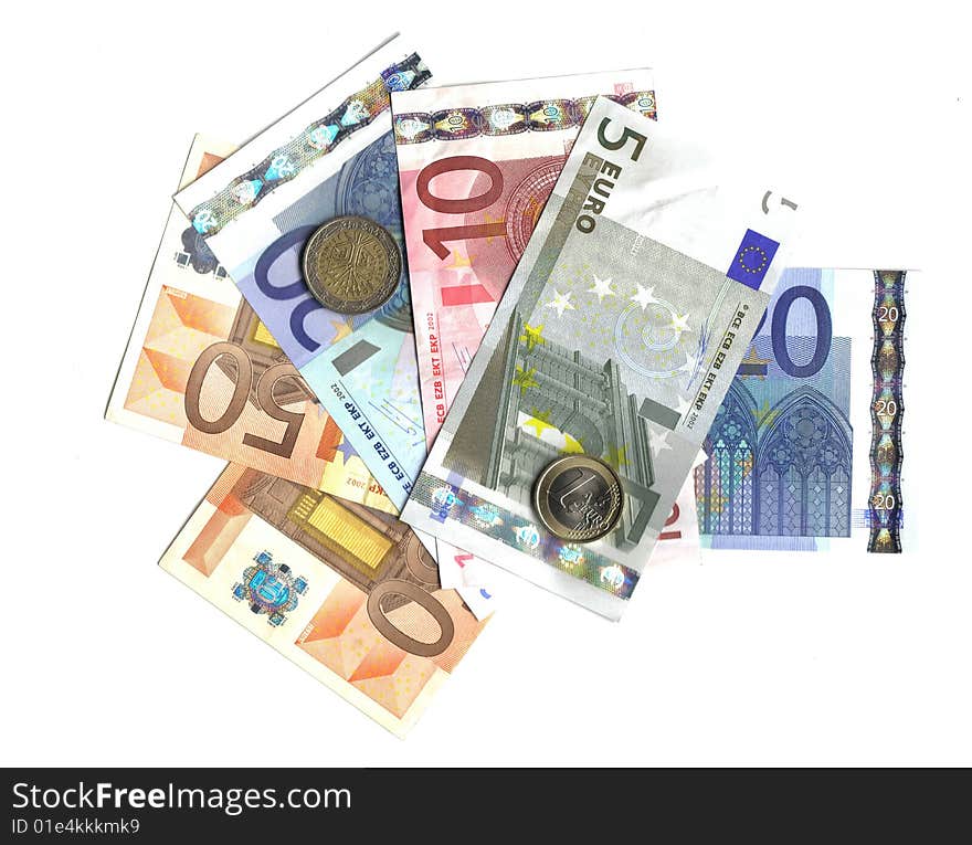 European coins and banknotes of different value. European coins and banknotes of different value