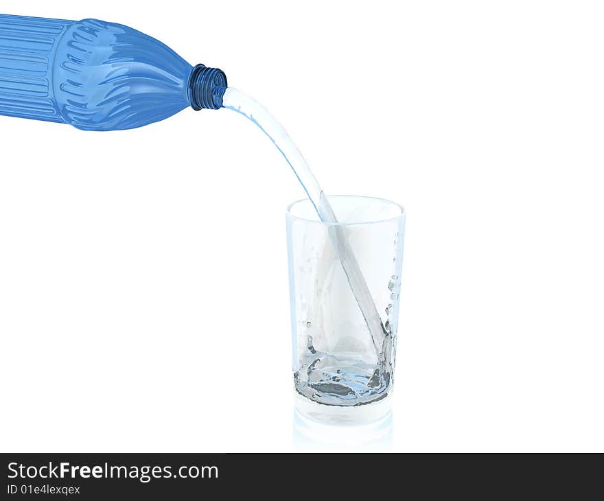 Bottle, water and glass on white background