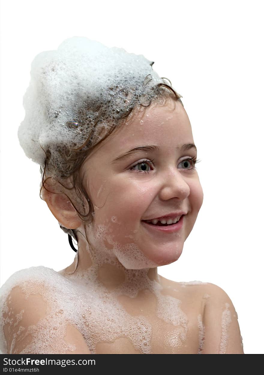 Bathing the child with a cheerful face isolated on white. Bathing the child with a cheerful face isolated on white