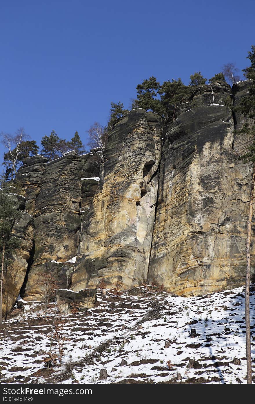 Winter landscape of high rocks. Winter landscape of high rocks