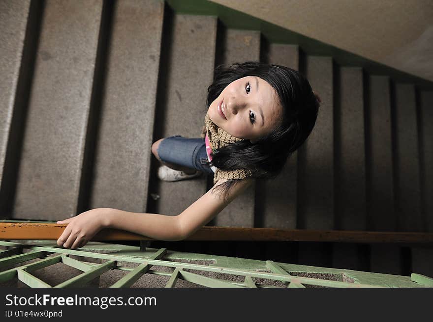 Black hair Asia teen age girl  Walk in Staircase