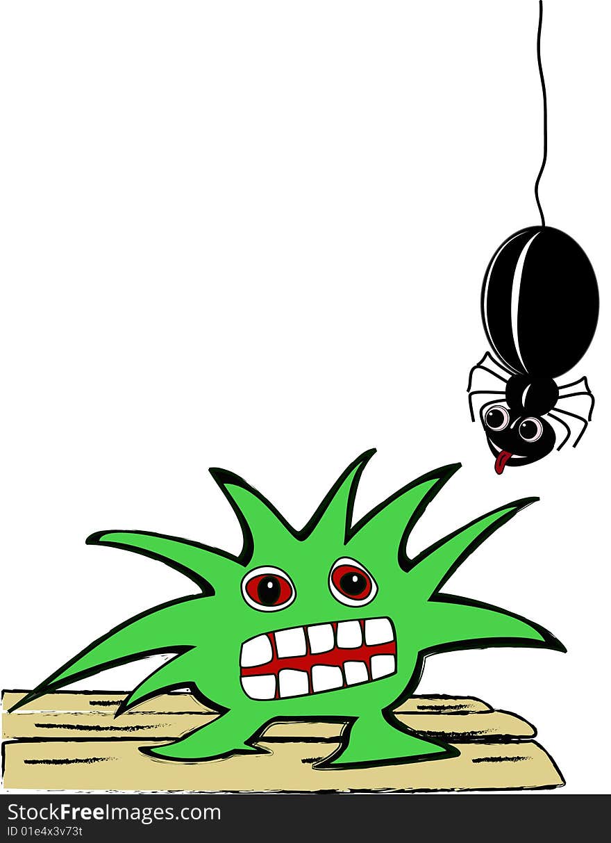 Green monster with Friendly black spider