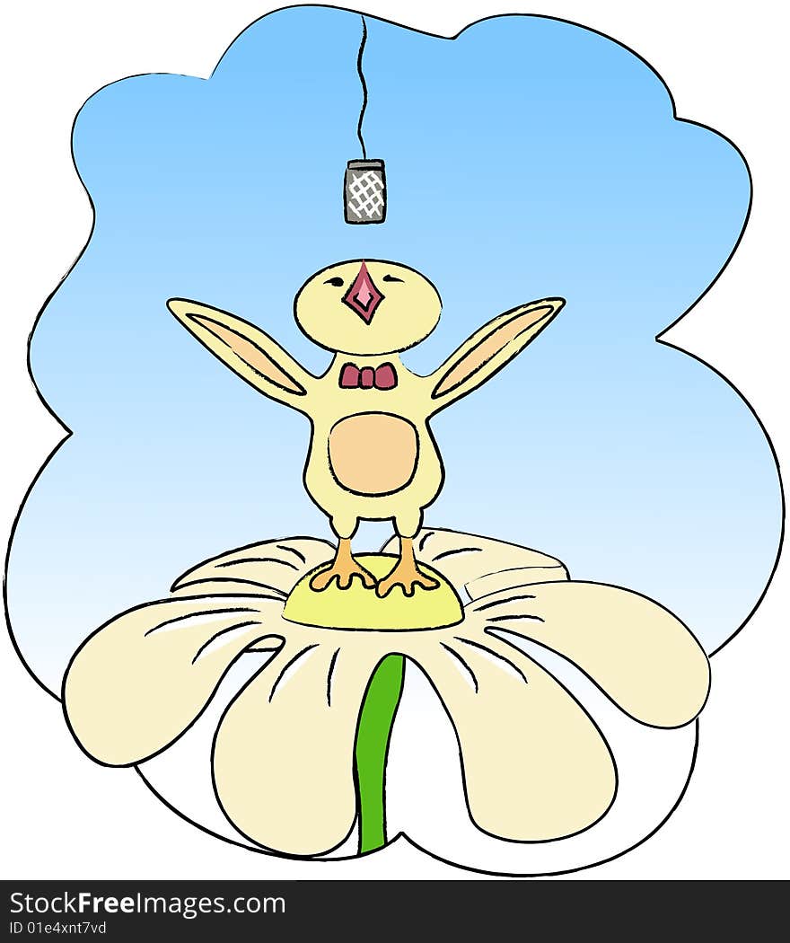 Illustration of a Singing chick standing on a flower